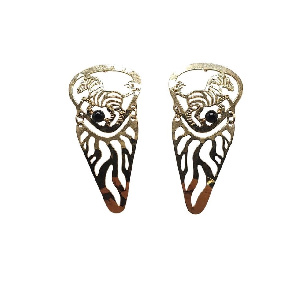 Gold Tone Wild Bryde Dangle Post Earrings With Black Onyx Accents Zebra Design